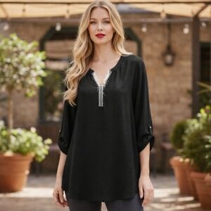 Perseption Black Crystal Sparkles Embellished Neckline with Roll-tab Sleeves